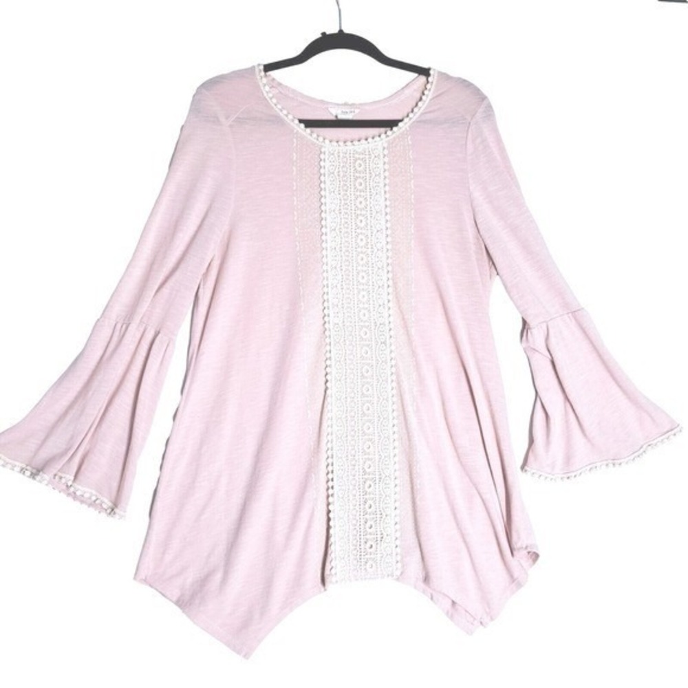Tru Self Shirt Womens XL Pink Lace Trim Bell Sleeve Handkerchief Hem‎ Boho Top